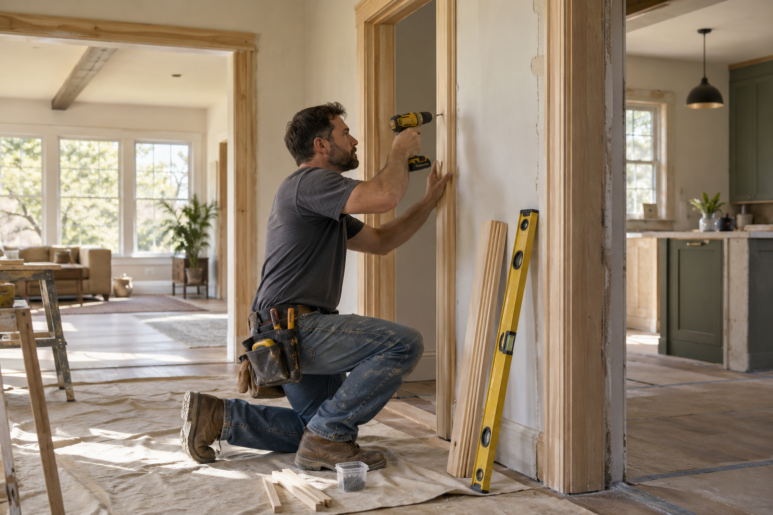 Illustration of a carpenter installing trim during a home renovation